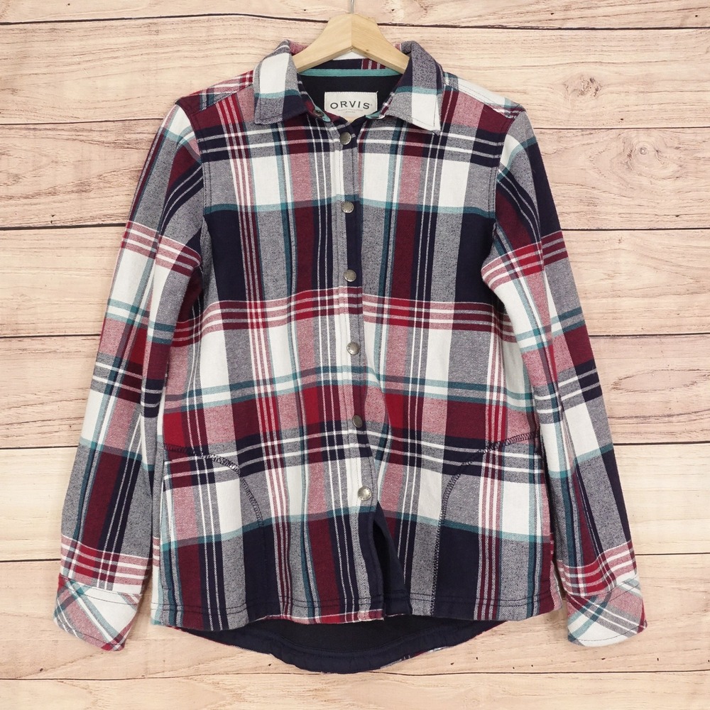 Orvis Flannel Shirt Jacket Women M Red Plaid Fleece Lined Snap Front Shacket